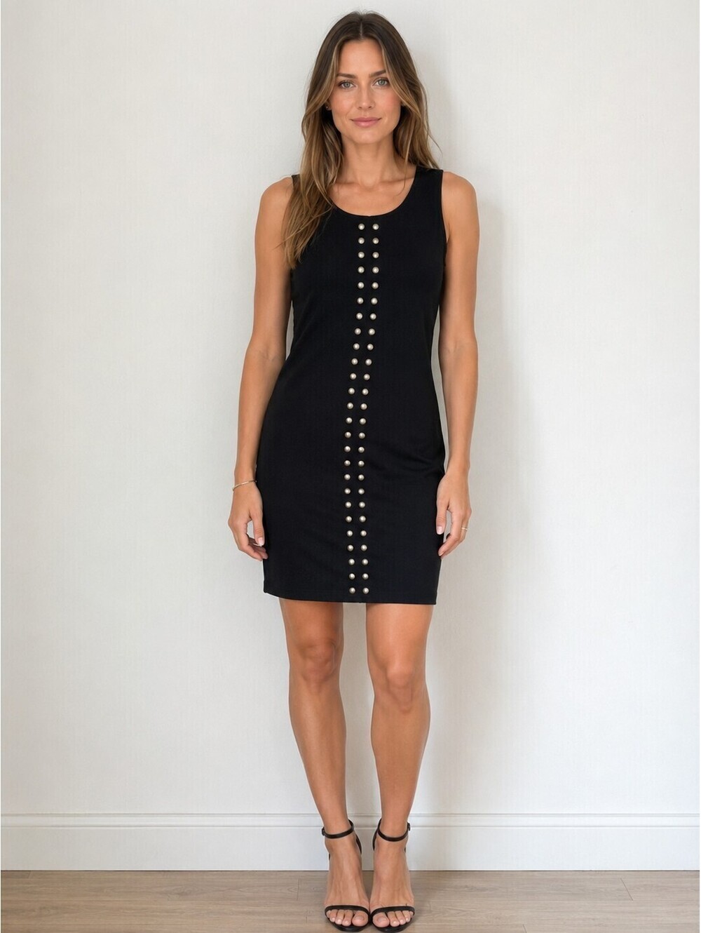 Karen Kane Black Studded Sleeveless Sheath Dress USA Made Rayon Stretch Size S